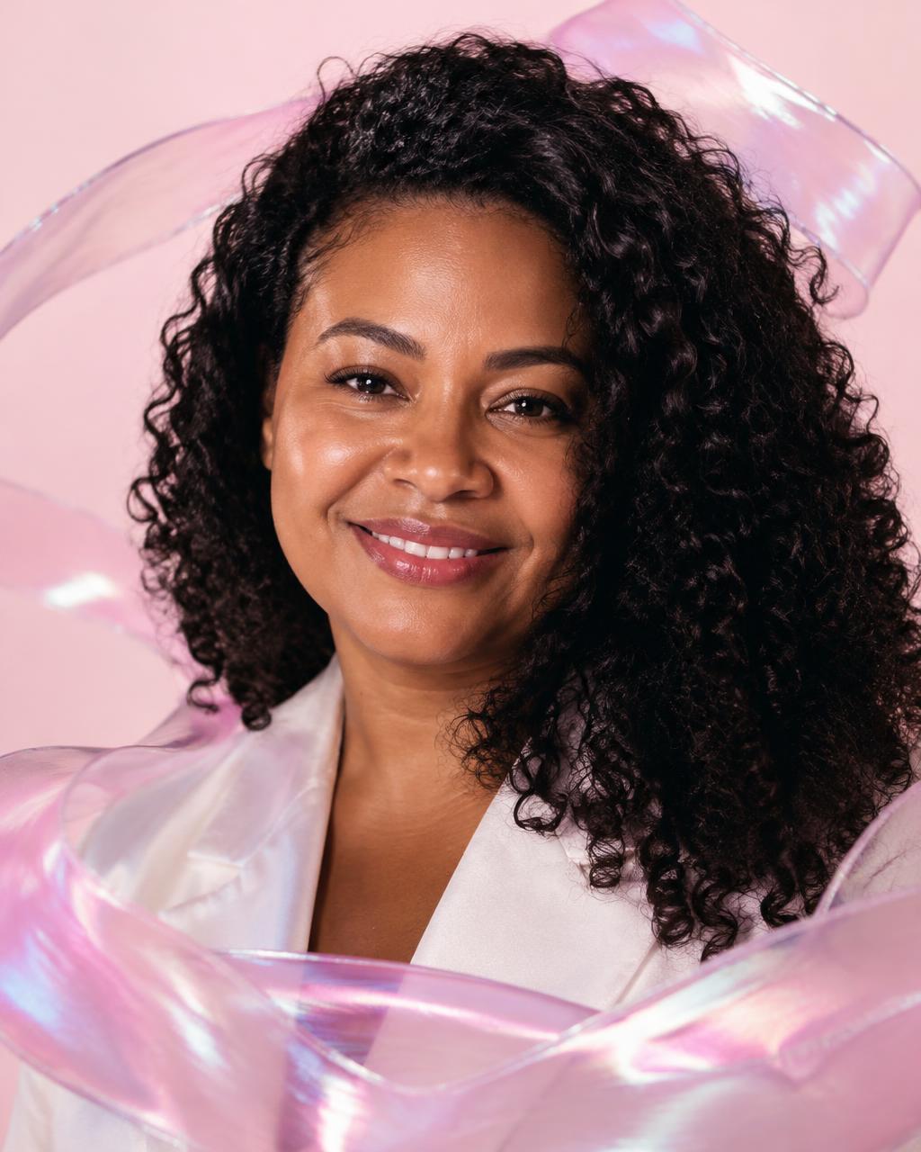 Mulher sorrindo envolvida por um laço rosa